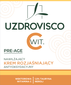 Uzdrovisco Pre-Age, nawilżający krem rozjaśniający z wit. C, opakowanie z zielonym logo i pomarańczowym okręgiem.