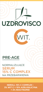 Białe serum UZDROVISCO z witaminą C i azeloglicyną na przebarwienia, pionowe opakowanie z przodu.