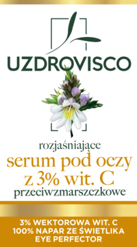 UZDROVISCO rozjaśniające serum pod oczy z 3% witaminą C w białej butelce ze złotymi paskami, widok z przodu.