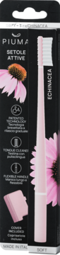 Piuma echinacea SOFT toothbrush with pink handle and included cover, in black packaging.