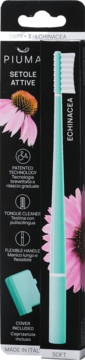 Szczoteczka do zębów PIUMA Soft, miętowa, w czarnym opakowaniu z grafiką jeżówki. Widok z przodu, z napisem ECHINACEA.