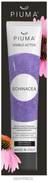 Piuma Visible Active Echinacea Toothpaste, przezroczysta tubka z fioletowym żelem, widok z przodu na ciemnym tle z różowymi kwiatami.