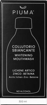 PIUMA Wybielający płyn do płukania ust 300ml w eleganckim czarnym opakowaniu z białym obrysem butelki.