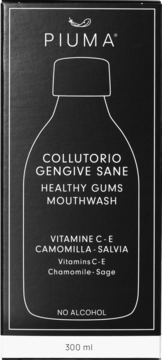 Piuma Healthy Gums Mouthwash, 300 ml, czarne opakowanie z białymi napisami i zarysem butelki, widok z przodu.