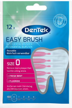 Niebiesko-biała saszetka DenTek Easy Brush 12x szczoteczek międzyzębowych rozm. 0 z fluorem, widok z przodu.