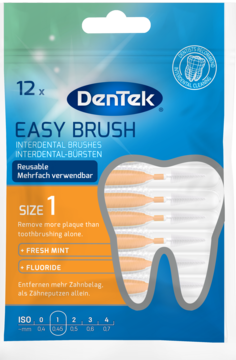 Opakowanie DenTek Easy Brush 12x, miętowe szczoteczki międzyzębowe z fluorem, rozmiar 1, widok z przodu.