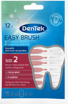 Niebiesko-białe opakowanie szczoteczek DenTek Easy Brush rozmiar 2 (0,5mm) z miętą i fluorem, widok z przodu.