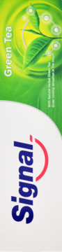 Pasta Signal Herbal Extracts Green Tea, opakowanie biało-zielone z grafiką liści herbaty, pionowe ujęcie.
