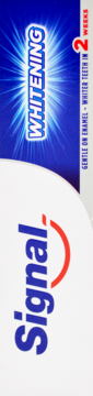 Pionowy widok tubki pasty Signal Whitening. Biało-niebieskie opakowanie z logo i obietnicą "2 WEEKS".