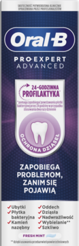 Oral-B Pro-Expert Advanced pasta Fresh Mint, niebieska tuba, widok z przodu, z 24h profilaktyką i ochroną dziąseł.