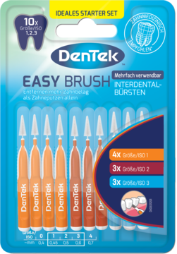 DenTek Easy Brush zestaw 10 pomarańczowych szczoteczek międzyzębowych w 3 rozmiarach, widok z przodu opakowania.