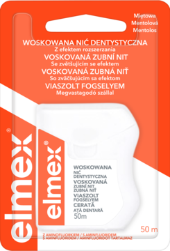 ELMEX ,nić dentystyczna woskowana, z aminofluorkiem, 50 m, Miętowa,przód