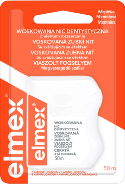 Elmex woskowana nić dentystyczna miętowa 50m, w białym dyspenserze na pomarańczowo-białym blistrze, widok z przodu.