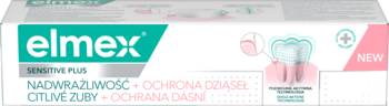 Elmex pasta do zębów Nadwrażliwość+Ochrona Dziąseł, białe opakowanie z zielonym logo, widok z przodu.