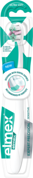 Elmex Expert Precision Ultra Soft toothbrush, white with teal/pink bristles, front view in clear pack.