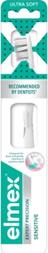 Elmex Expert Precision Sensitive Ultra Soft, rekomendowana przez dentystów szczoteczka w biało-turkusowym opakowaniu, przód.