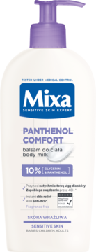 Balsam do ciała Mixa Panthenol Comfort dla skóry wrażliwej, biała butelka z fioletową pompką, widok z przodu.