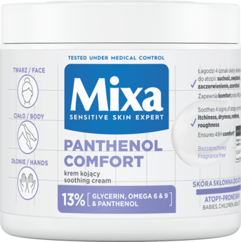 Mixa Panthenol Comfort, krem kojący do skóry wrażliwej i atopowej. Biały słoik, 13% pantenolu i gliceryny.