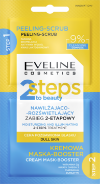 Eveline 2 Steps peeling-scrub i kremowa maska w żółto-niebieskim opakowaniu, dla cery bez blasku.