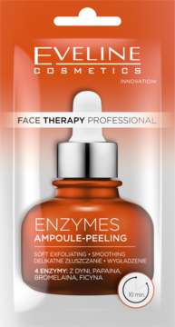 Eveline Enzymes Ampoule-Peeling, pomarańczowa butelka z pipetą, widok produktu w foliowym opakowaniu.