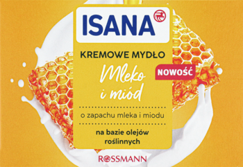 Isana Kremowe mydło Mleko i Miód, żółte opakowanie z plastrami miodu i kroplami mleka, widok z przodu.