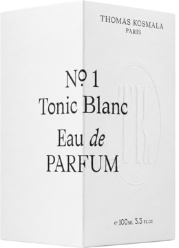 Białe opakowanie perfum Thomas Kosmala N°1 Tonic Blanc Eau de Parfum 100ml, widok z przodu, logo TK.
