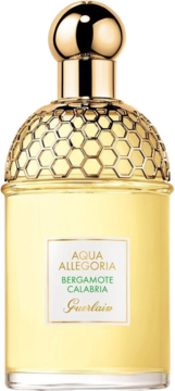 Perfumy Guerlain Aqua Allegoria Bergamote Calabria, widok z przodu. Przezroczysta butelka ze złotym korkiem i wzorem plastra miodu.