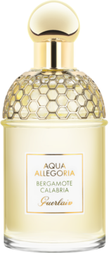Guerlain Aqua Allegoria Bergamote Calabria: perfumy w przezroczystej butelce, złoty korek i kołnierz plastra miodu, widok z przodu.