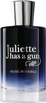 Juliette Has A Gun Musc Invisible EDP w ciemnogranatowej butelce z srebrną nakrętką, widok z przodu.