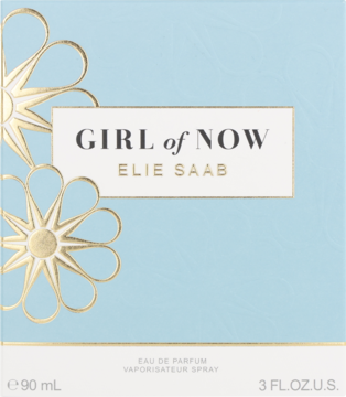 Pudełko Elie Saab Girl of Now woda perfumowana, jasnoniebieskie ze złotymi kwiatami, napisy na białym tle, widok z przodu.