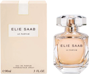 Elie Saab Le Parfum: fasetowana butelka perfum 90ml i beżowe opakowanie, oba z logo, na białym tle.