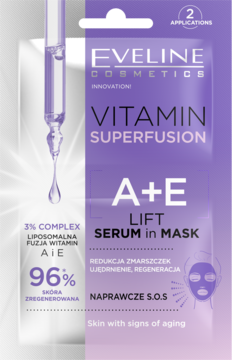 Fioletowo-biała saszetka Eveline Vitamin Superfusion A+E Lift Serum in Mask, na skórę z oznakami starzenia.