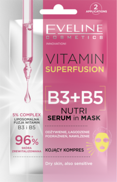 Eveline Vitamin Superfusion B3+B5 Nutri Serum in Mask, różowo-białe opakowanie z zakraplaczem, widok z przodu.