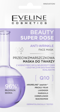 Biało-fioletowa maska Eveline Beauty Super Dose Anti-Wrinkle z Q10, Argireline, niacynamidem, widok z przodu.