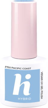 Hi Hybrid lakier #150 Pacific Coast w butelce z niebieską etykietą i różową nakrętką, widok z przodu.