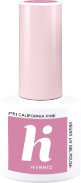 Różowy lakier hybrydowy Hi Hybrid #151 California Pink, butelka z różowym napisem, widok z przodu.