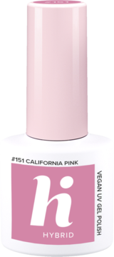 Różowy lakier hybrydowy Hi Hybrid #151 California Pink, butelka z różowym napisem, widok z przodu.