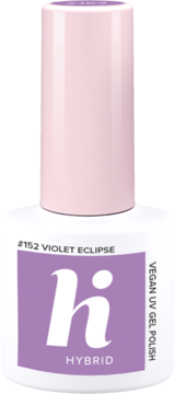 Fioletowy lakier hybrydowy Hi Hybrid #152 Violet Eclipse, butelka z białym korpusem i liliową nakrętką, widok z przodu.