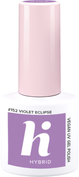 Fioletowy lakier hybrydowy Hi Hybrid #152 Violet Eclipse, butelka z białym korpusem i liliową nakrętką, widok z przodu.