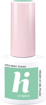 Wegański lakier hybrydowy Hi Hybrid #153 Mint Shake w białej butelce z różową nakrętką, widok z przodu.