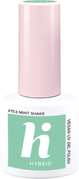 Wegański lakier hybrydowy Hi Hybrid #153 Mint Shake w białej butelce z różową nakrętką, widok z przodu.