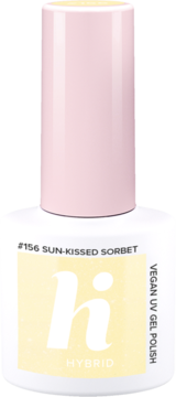 Lakier hybrydowy Hi Hybrid #156 Sun-Kissed Sorbet. Biała butelka, kremowy żółty odcień, różowa nakrętka, widok z przodu.