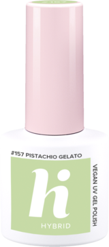 Lakier hybrydowy Hi Hybrid #157 Pistachio Gelato, butelka z różową nakrętką i zieloną etykietą, widok z przodu.