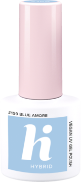 Biała butelka lakieru Hi Hybrid #159 Blue Amore z różową nakrętką i błękitną etykietą "Vegan UV Gel Polish", widok z przodu.