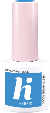 Hi Hybrid lakier hybrydowy Cyber Blue #276, biała butelka z różową nakrętką i błękitną etykietą. Widok z przodu.