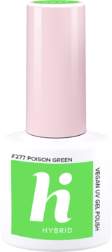 Lakier hybrydowy Hi Hybrid #277 Poison Green, jasnozielony, w białej butelce z różową nakrętką, widok z przodu.