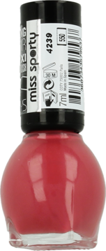 Lakier do paznokci Miss Sporty Lasting Colour Maxi Brush 550 w różowej butelce z czarną nakrętką, widok z przodu.