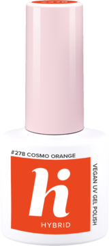 Hi Hybrid wegański lakier #278 Cosmo Orange. Biała butelka, różowa nakrętka, pomarańczowa etykieta, widok z przodu.
