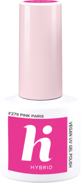 Biała butelka lakieru Hi Hybrid #279 Pink Paris, neonowy róż. Widok z przodu, z jasnoróżową zakrętką.