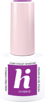 Biała butelka lakieru hybrydowego Hi Hybrid #280 Violet Shadow, z fioletową etykietą i różową nakrętką, widok z przodu.